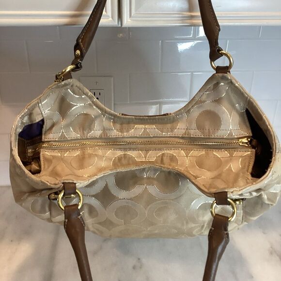 COACH Bag Purse Handbag Madison Abigail Op Art Lurex Gold & Leather Lg. Satchel - Picture 11 of 15